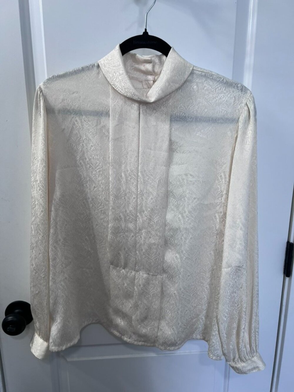 Nicola Ivory Paisley Jacquard Blouse Sz 14 Mock Neck Secretary Vintage Style